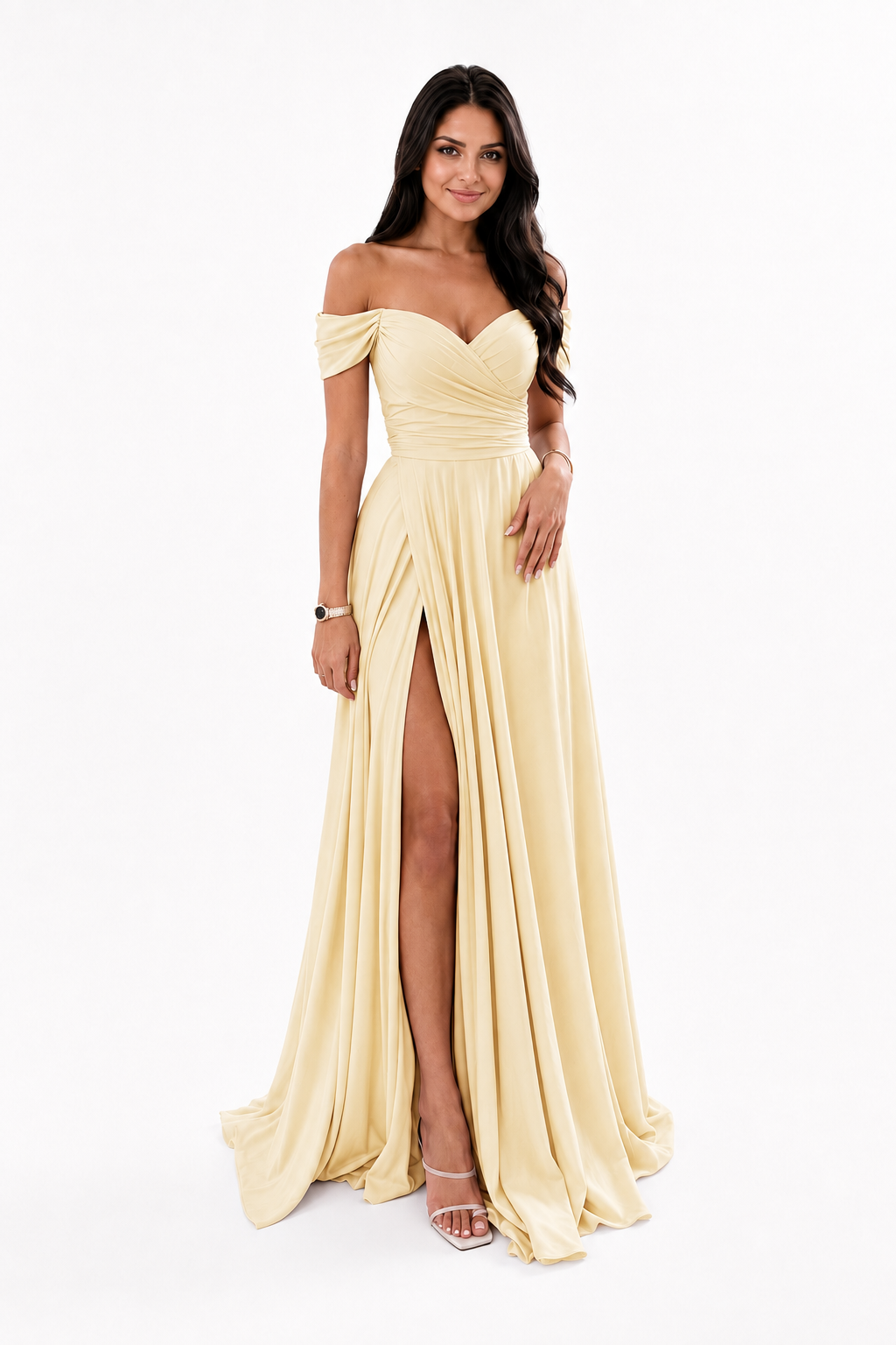 Off-Shoulder Ruched A-Line Evening Gown with Slit