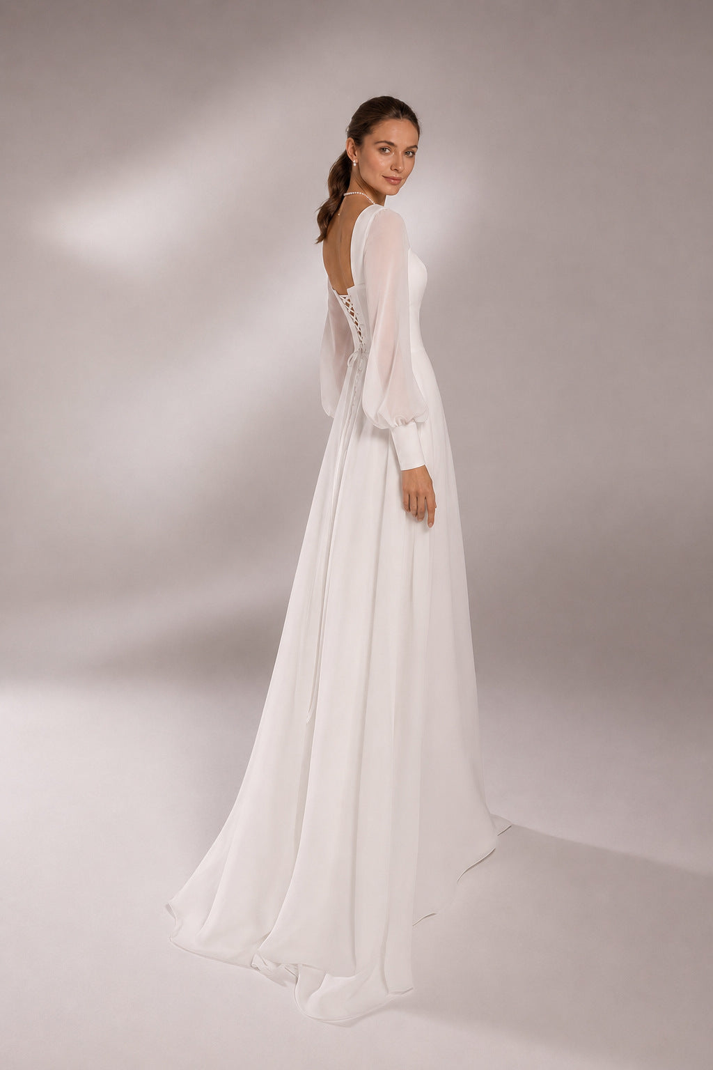 Square-Neck Sheer-Sleeve Lace-Up Back A-Line Gown