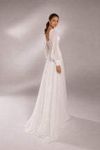 Square-Neck Sheer-Sleeve Lace-Up Back A-Line Gown