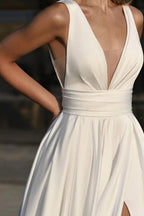 Deep V-Neck Waistband A-Line Evening Gown