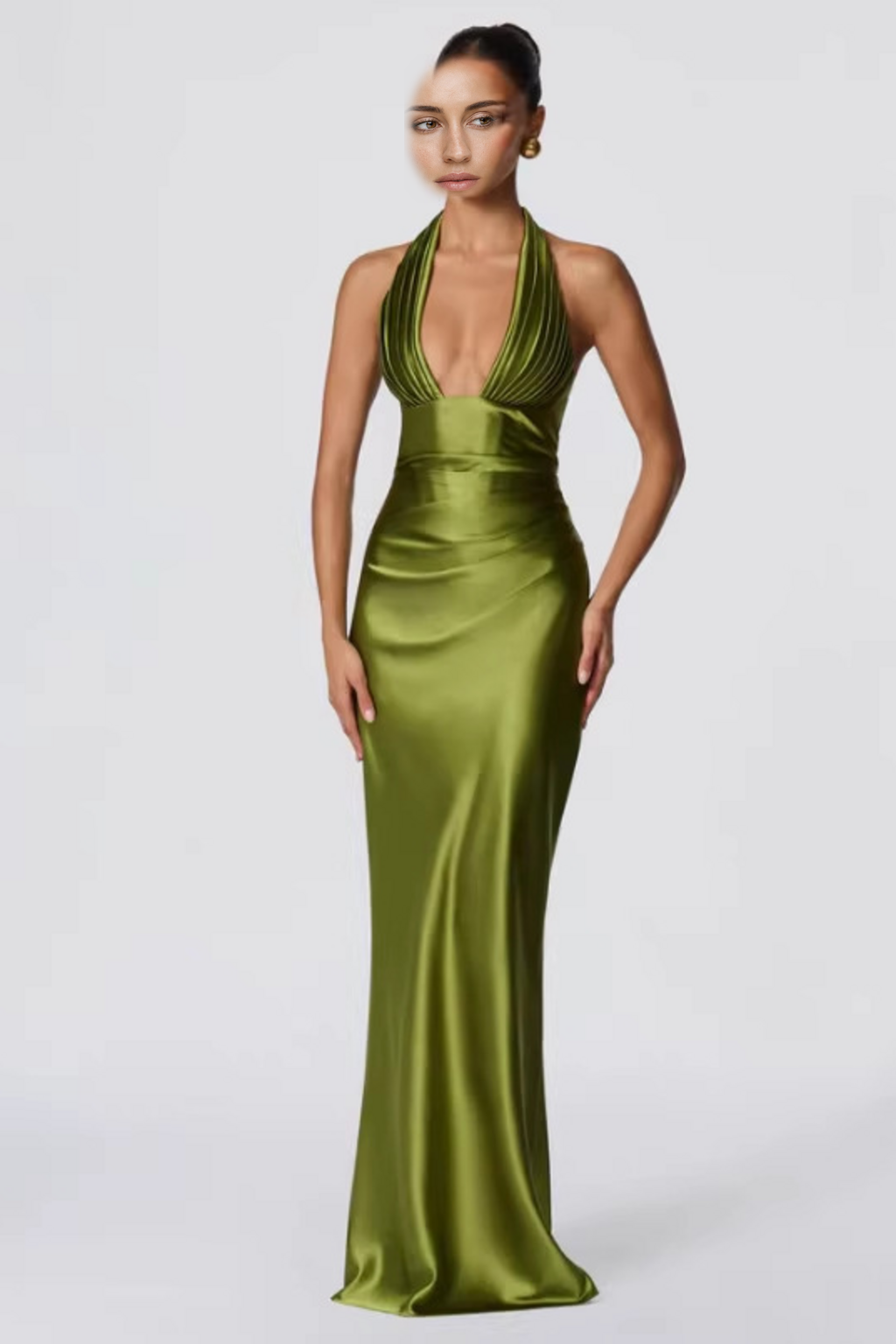Ruched Halter Column Evening Gown with Lace-Up Back