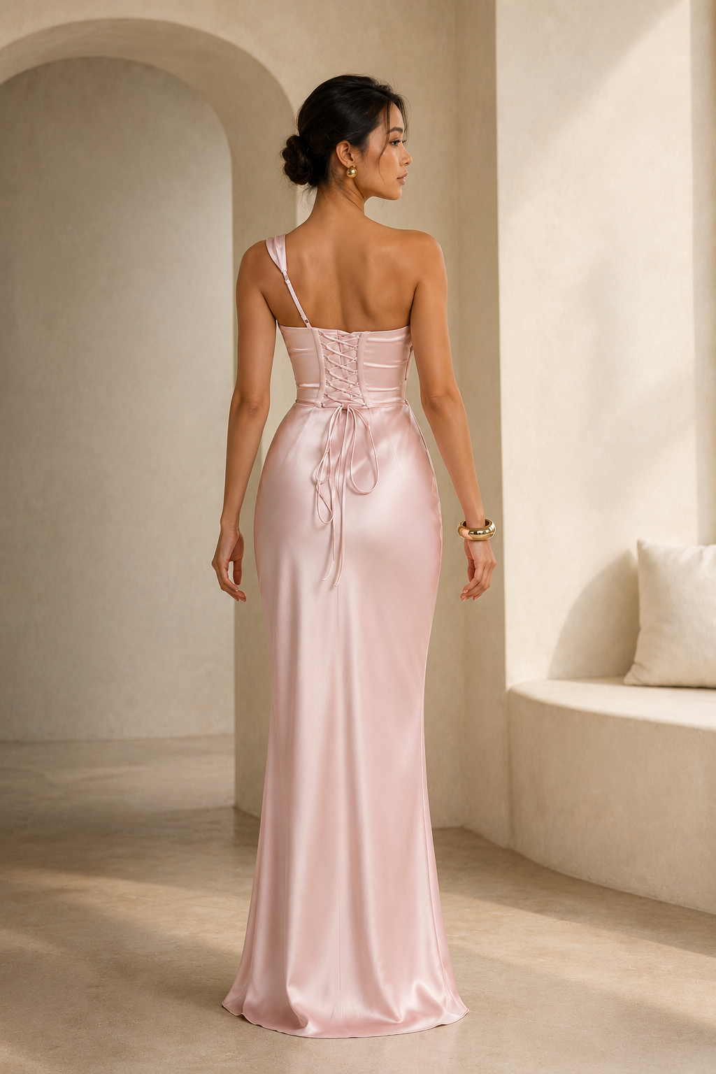 Draped Off-Shoulder Satin Column Gown