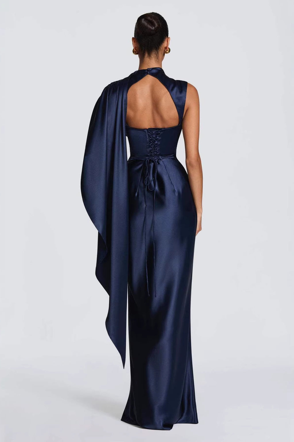 Draped-Neck Satin Column Gown with Cape Detail