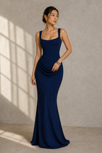 Square Neck Ruched Column Evening Gown with Lace-Up Back
