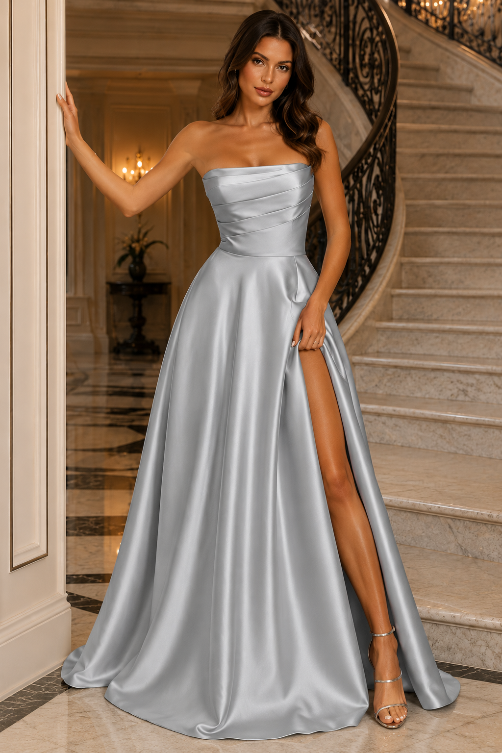 Strapless Ruched High-Slit A-Line Evening Gown