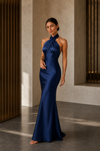 Navy blue cross-halter open-back mermaid evening gown front view