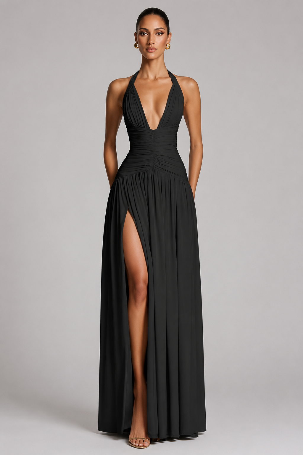 Deep-V Halter High-Slit A-Line Evening Gown