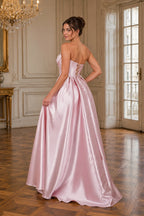Draped Strapless High-Slit A-Line Evening Gown