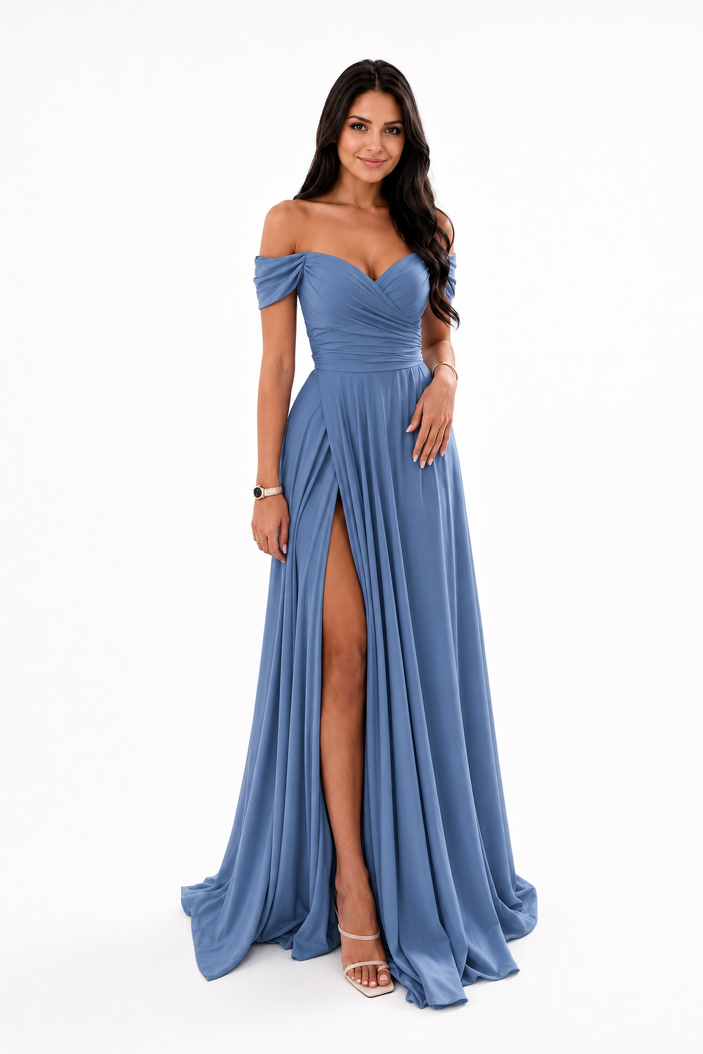 Off-Shoulder Ruched A-Line Evening Gown with Slit