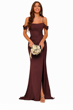 Draped Off-Shoulder A-Line Evening Gown with Side Slit