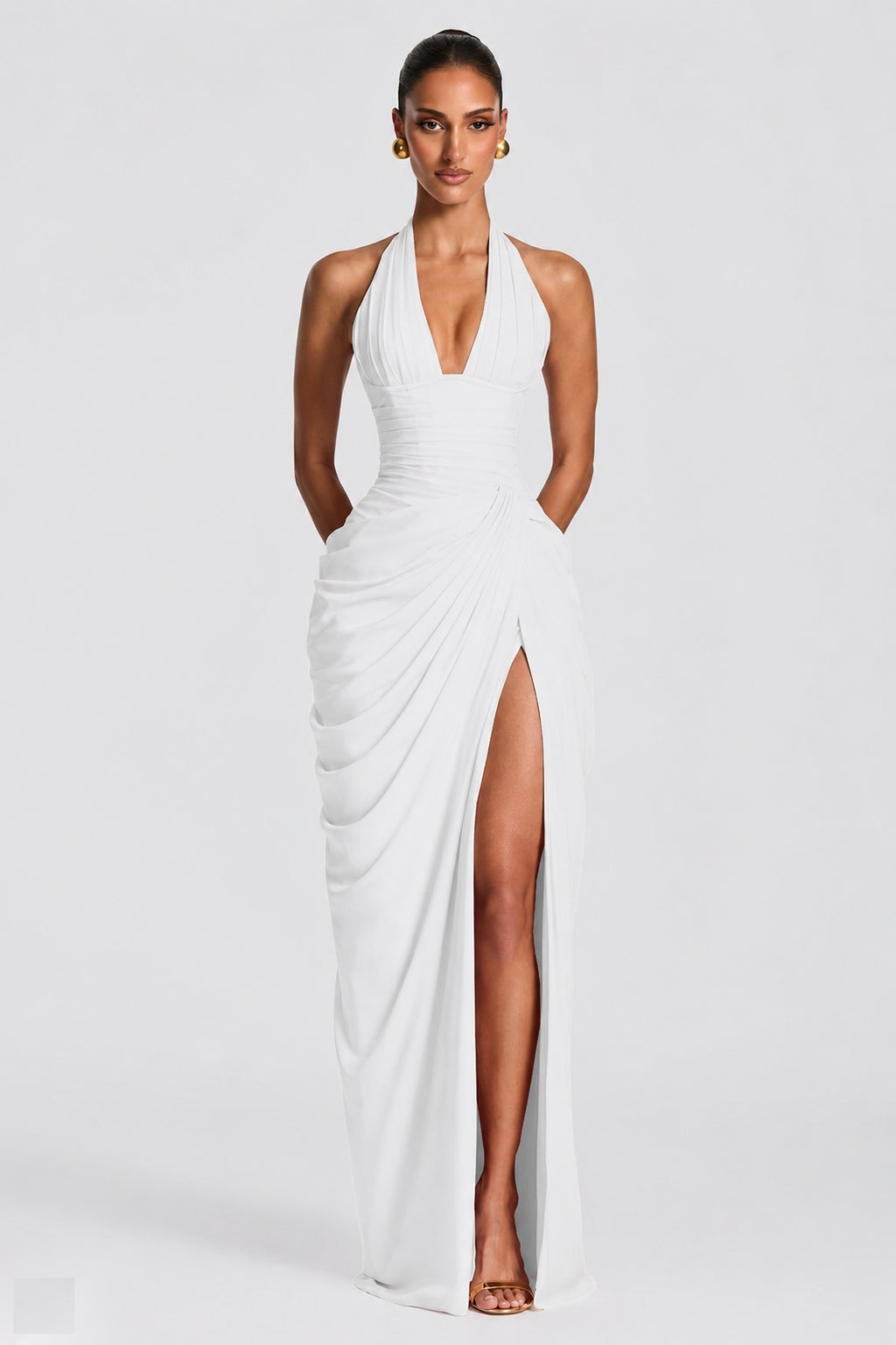 Deep V Halter Ruched High-Slit Evening Gown