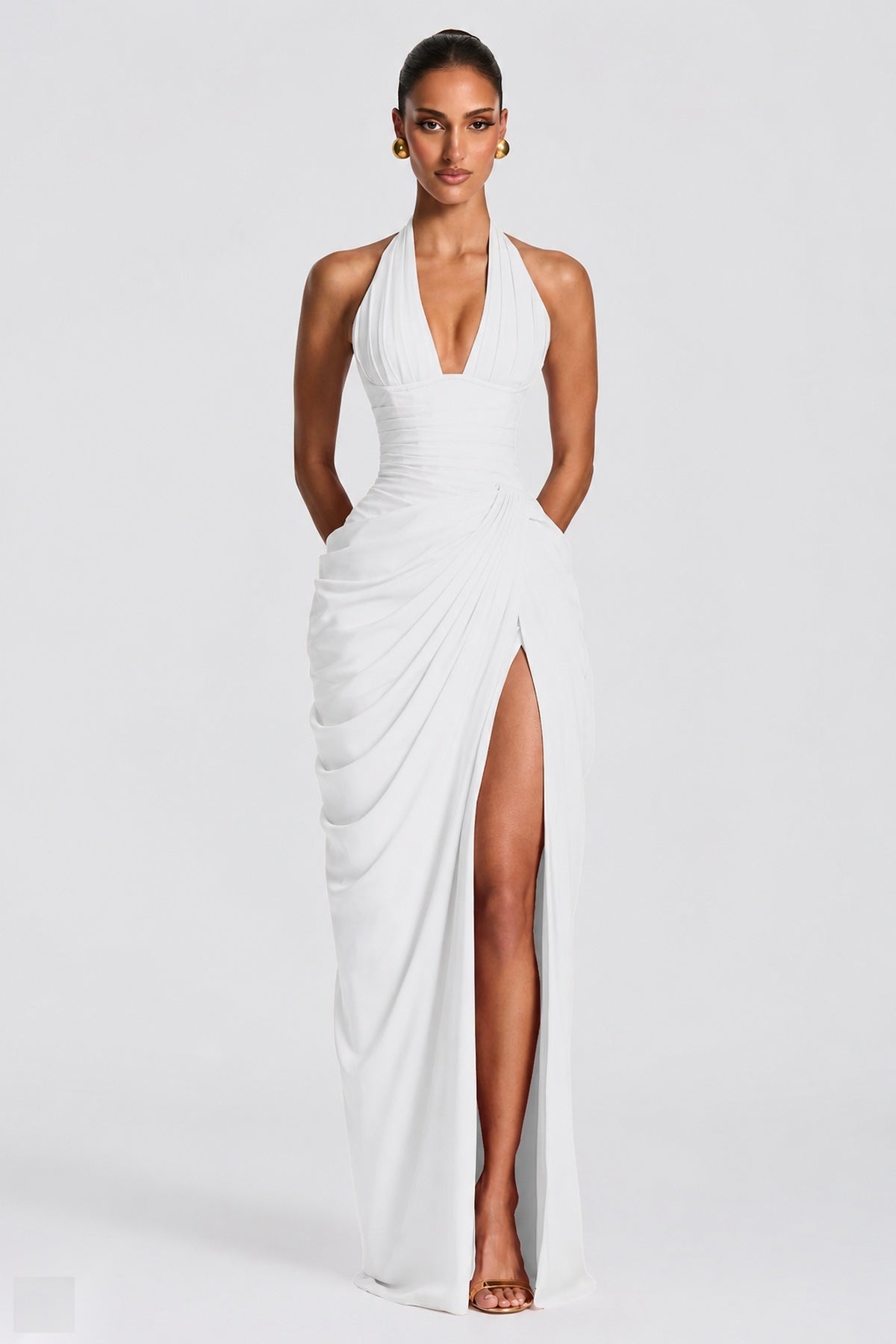 Deep V Halter Ruched High-Slit Evening Gown