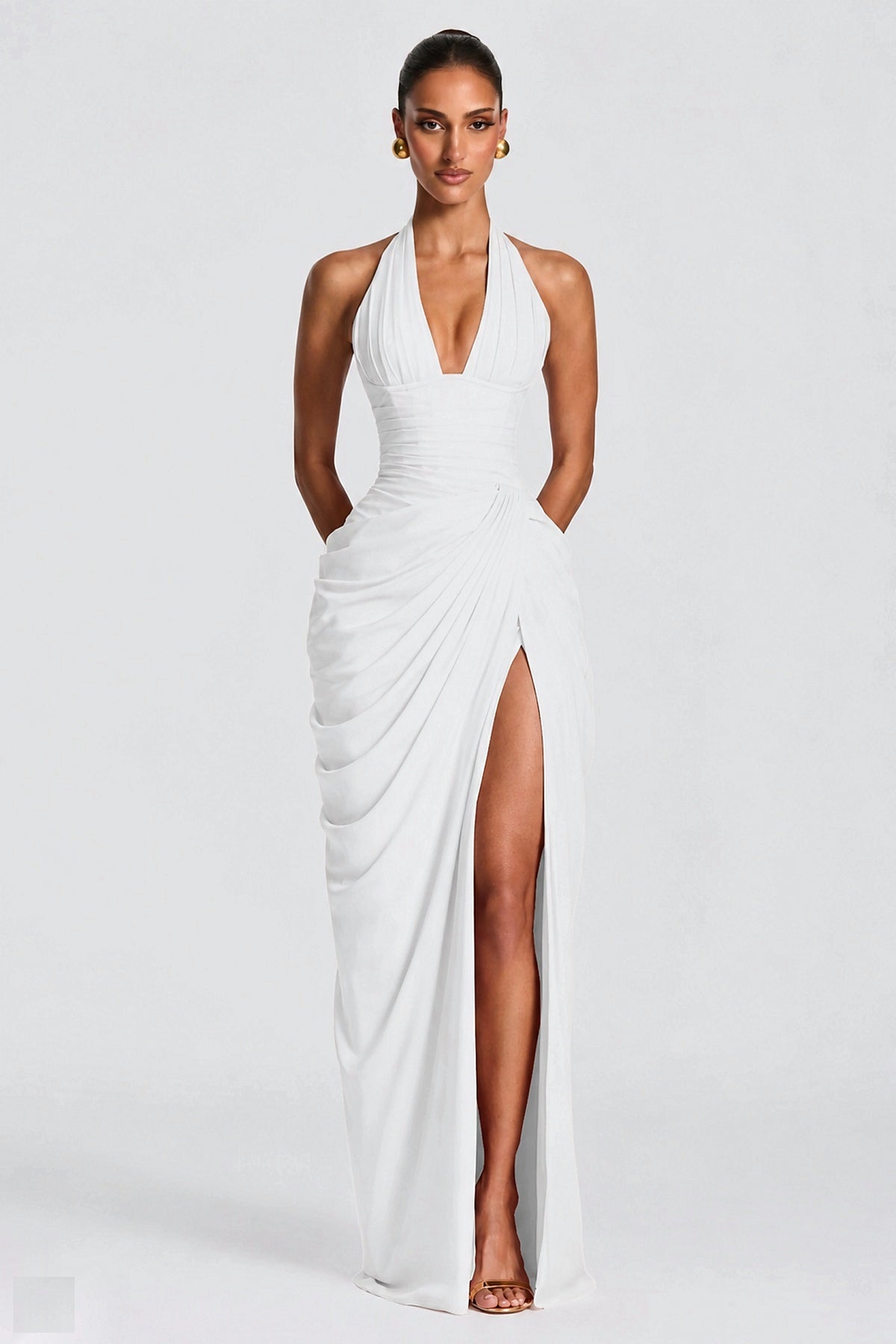 Deep V Halter Ruched High-Slit Evening Gown