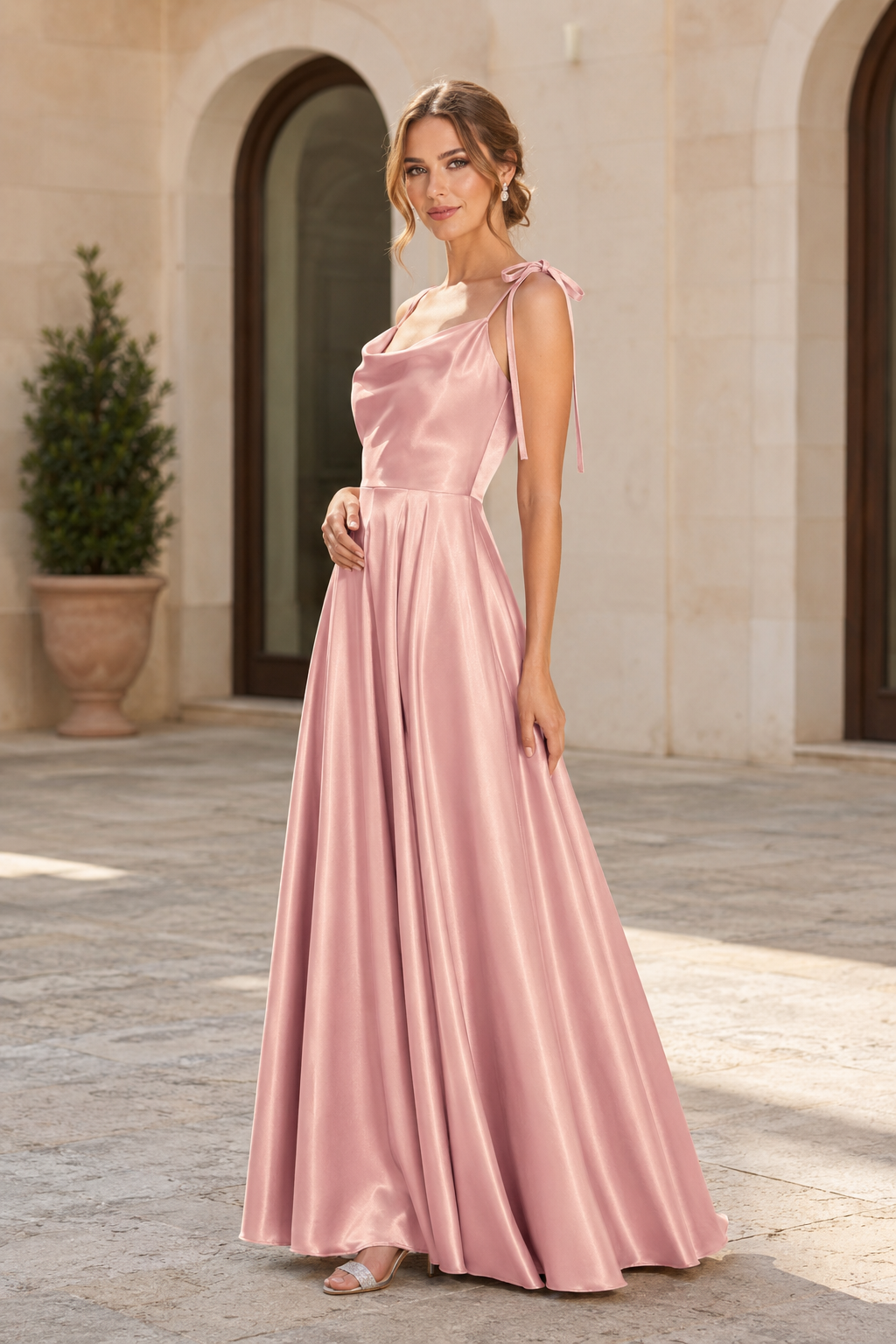 Tie-Strap Cowl-Neck A-Line Evening Gown