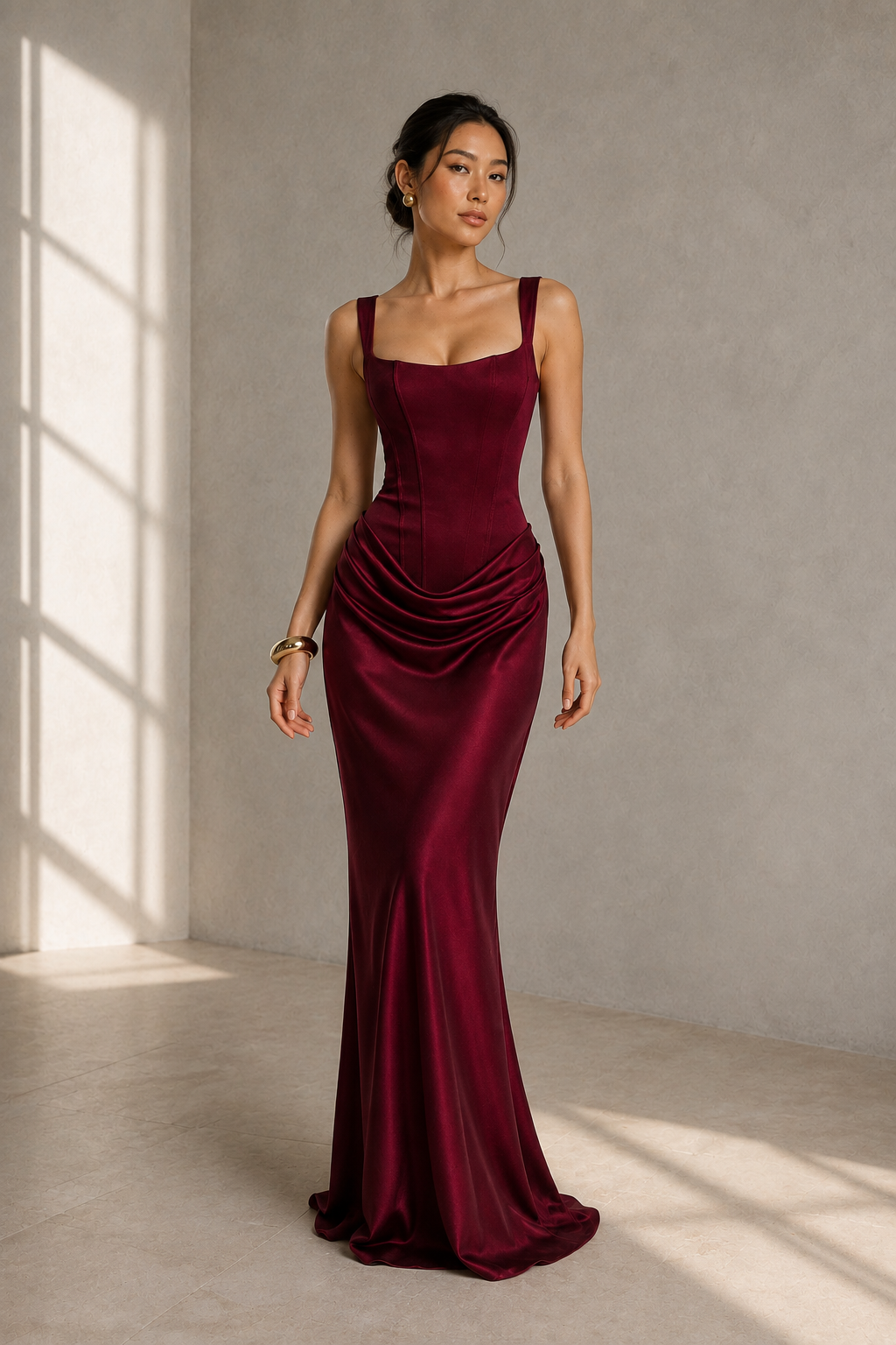 Square Neck Ruched Column Evening Gown with Lace-Up Back