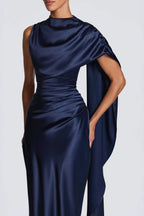 Draped-Neck Satin Column Gown with Cape Detail