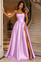 Strapless Ruched High-Slit A-Line Evening Gown