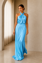 Sky blue asymmetric draped halter A-line evening gown