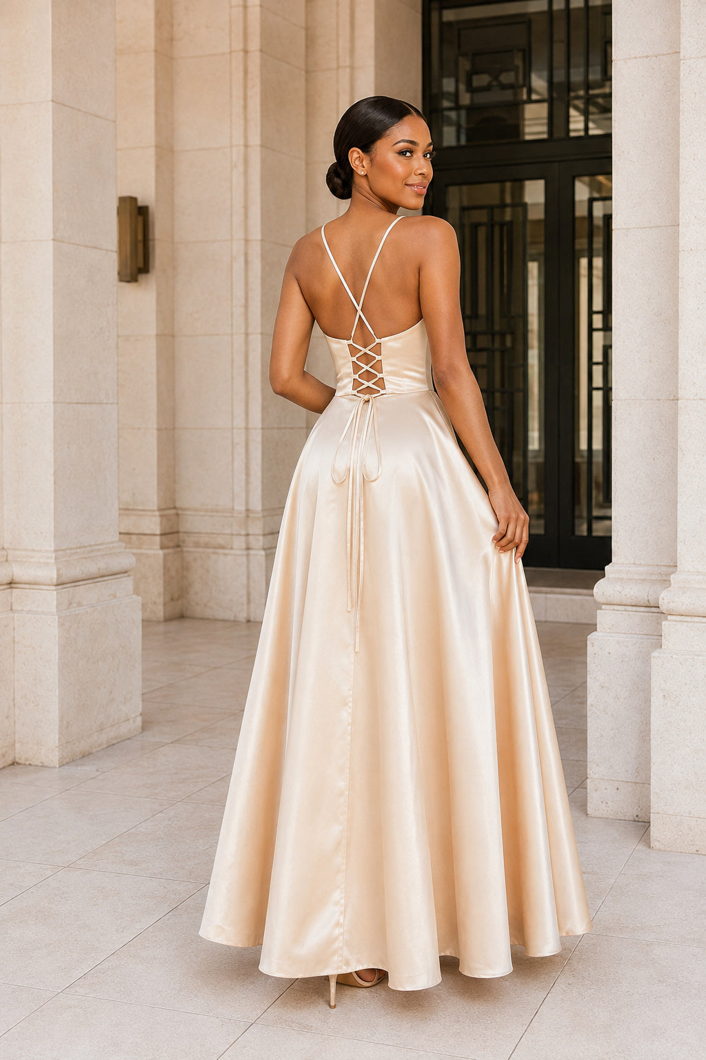 Square Neck High-Slit A-Line Formal Gown