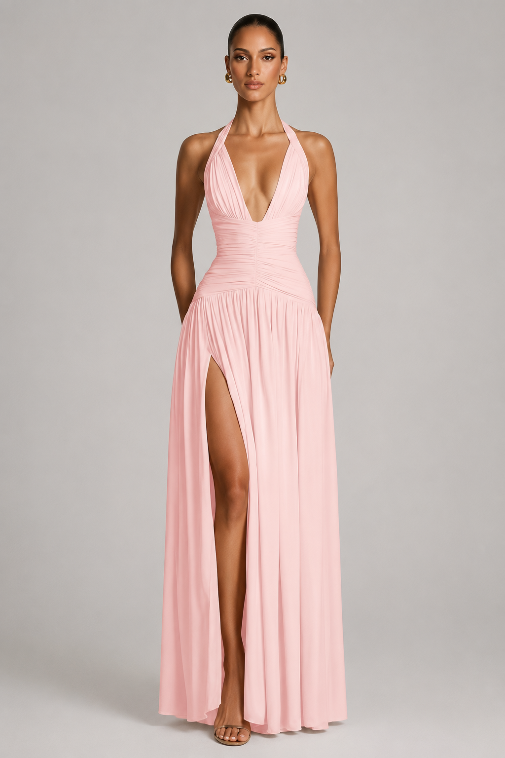 Deep-V Halter High-Slit A-Line Evening Gown