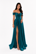 Off-Shoulder Ruched A-Line Evening Gown with Slit
