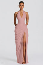 Deep V Halter Ruched High-Slit Evening Gown