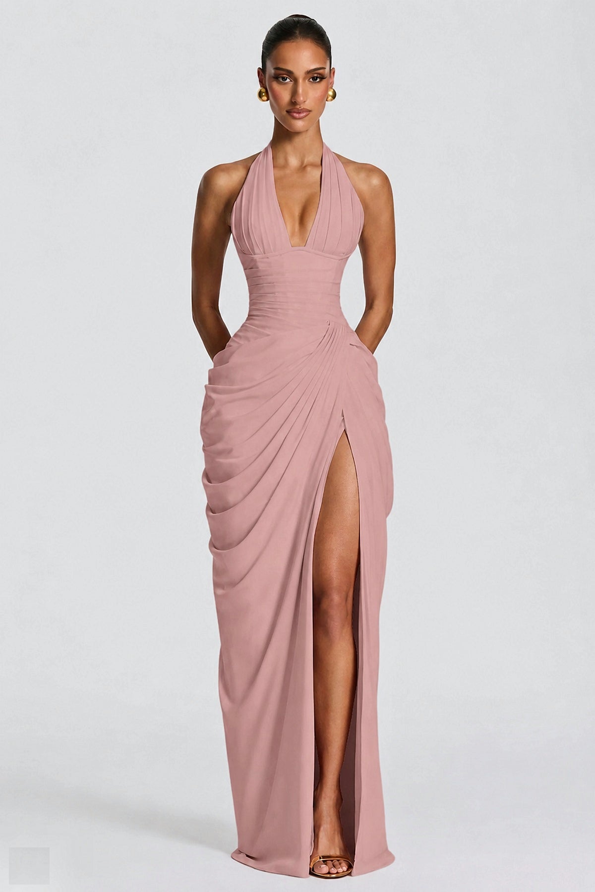 Deep V Halter Ruched High-Slit Evening Gown