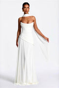 White scarf-neck ruched A-line evening gown