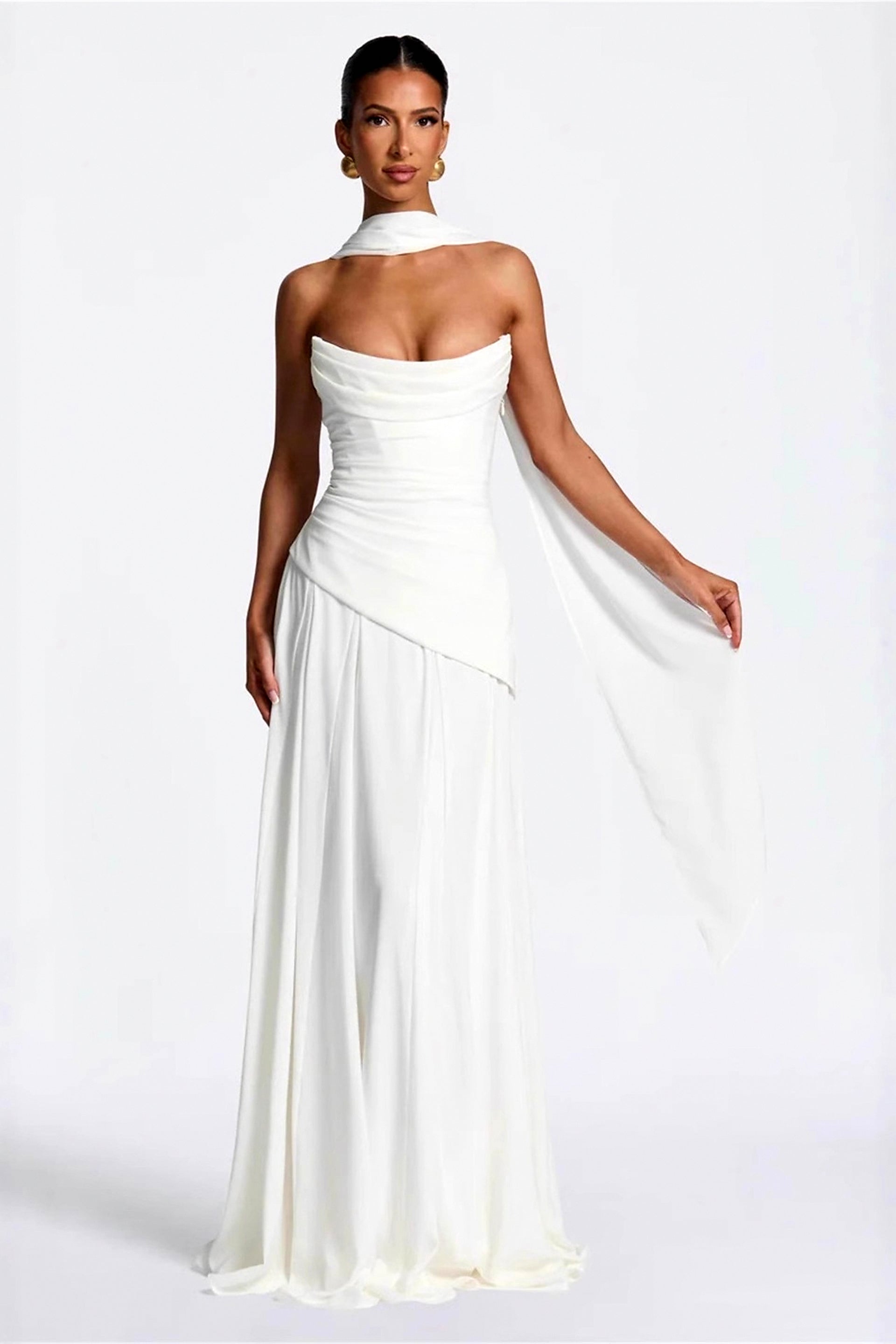 Scarf-Neck Ruched A-Line Evening Gown