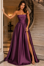 Strapless Ruched High-Slit A-Line Evening Gown