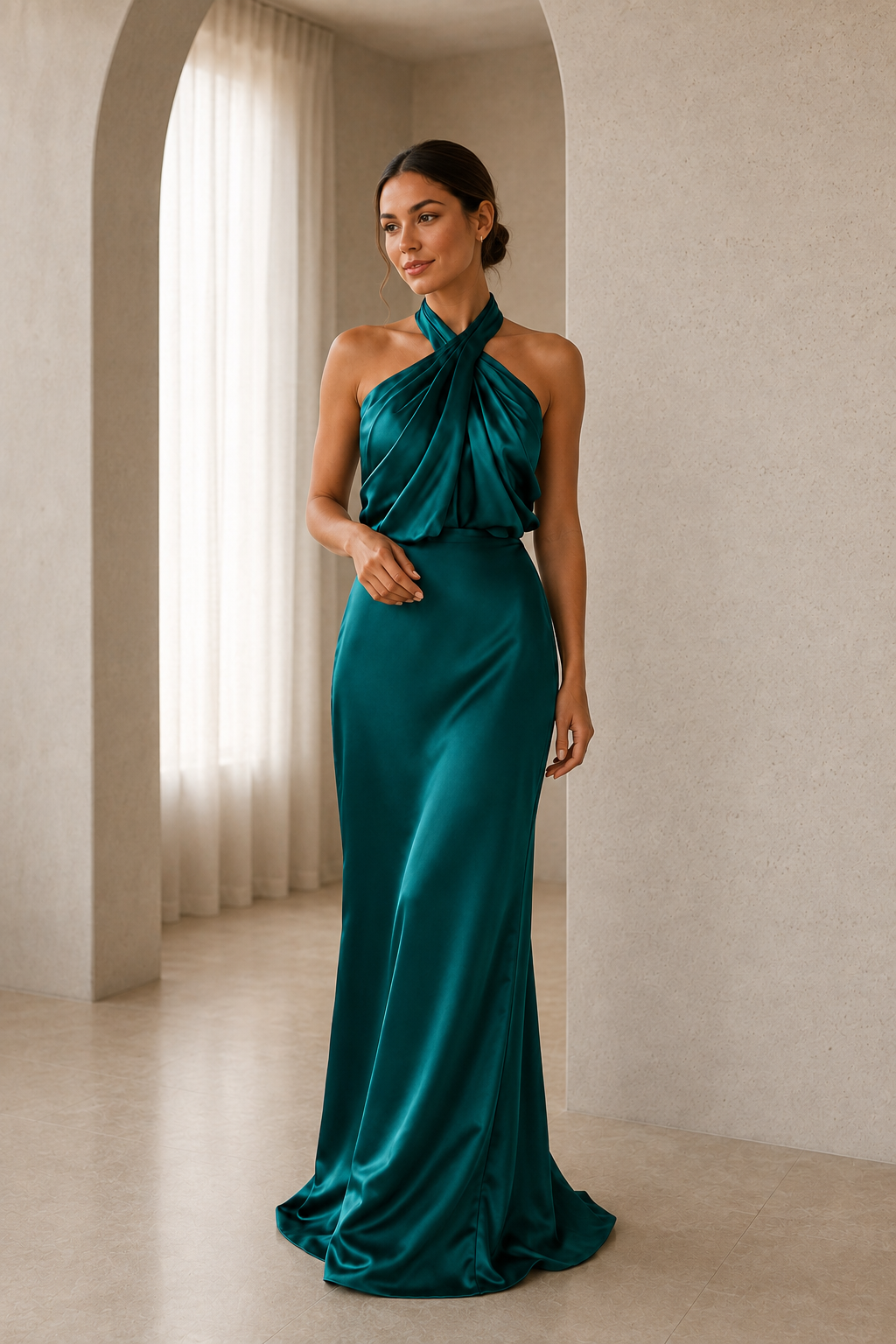 Asymmetric Draped Halter A-Line Evening Gown