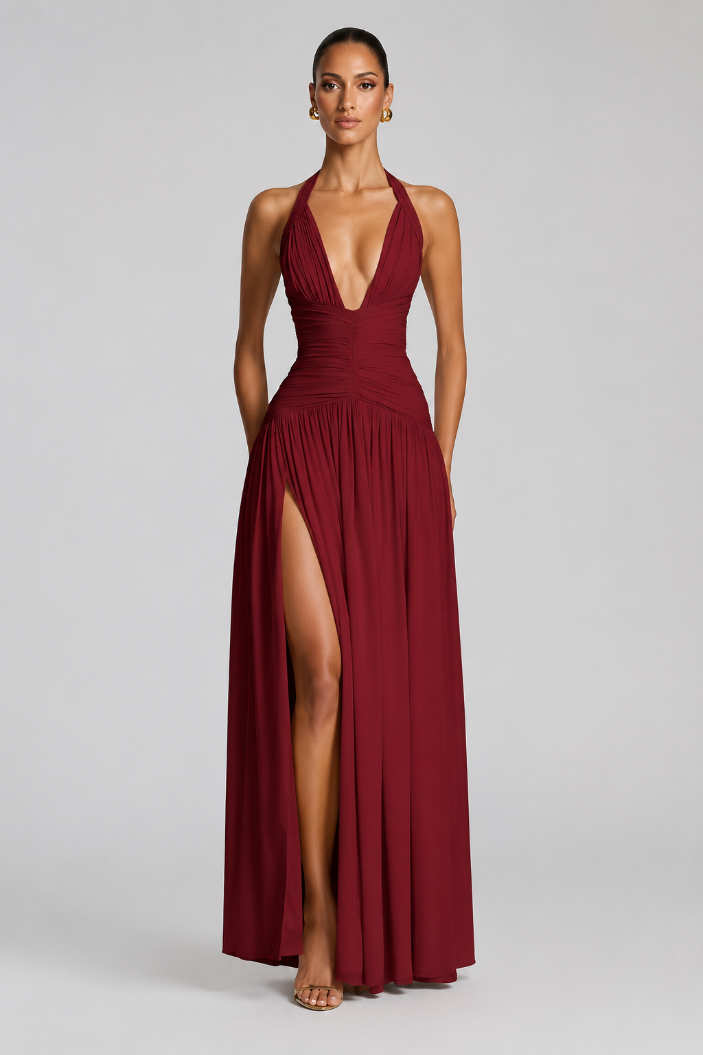 Deep-V Halter High-Slit A-Line Evening Gown