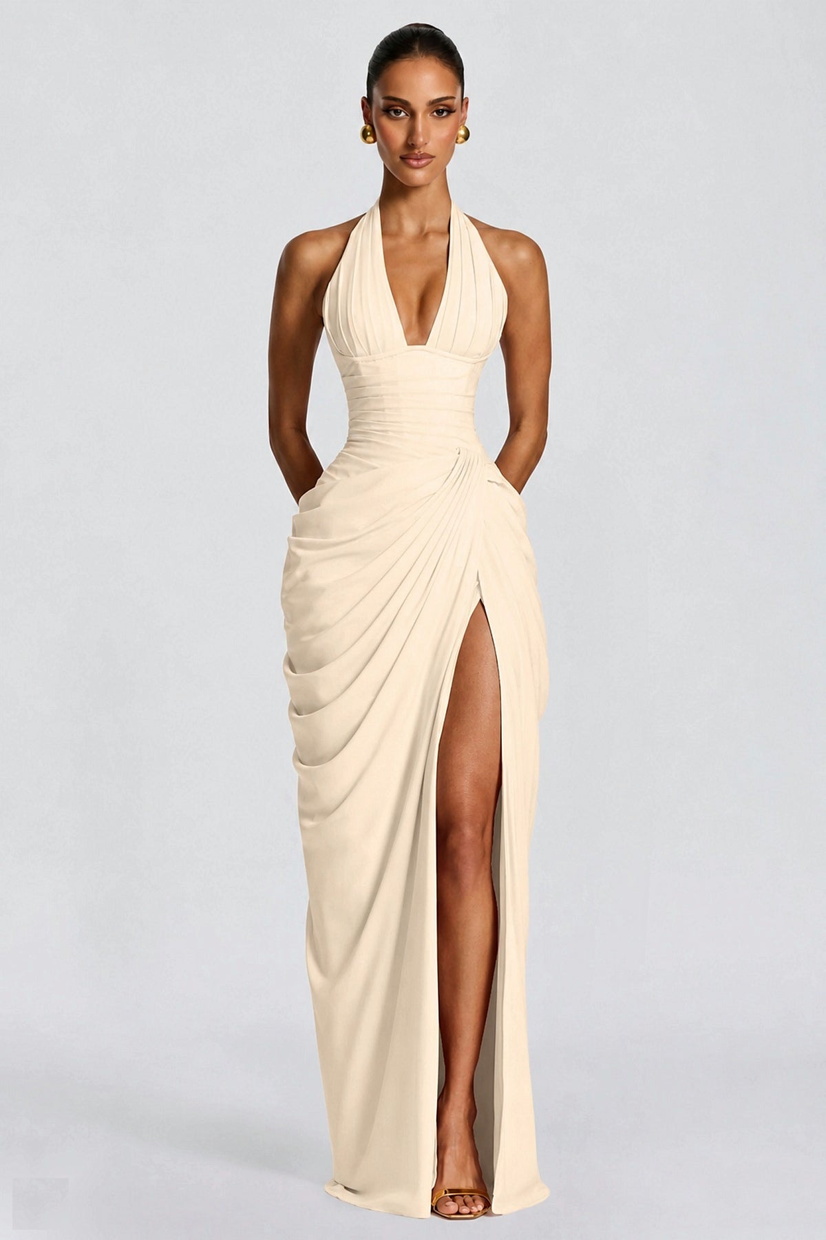 Deep V Halter Ruched High-Slit Evening Gown