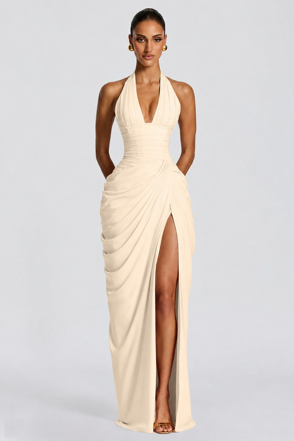 Deep V Halter Ruched High-Slit Evening Gown