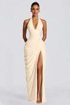 Deep V Halter Ruched High-Slit Evening Gown