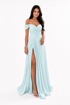 Off-Shoulder Ruched A-Line Evening Gown with Slit