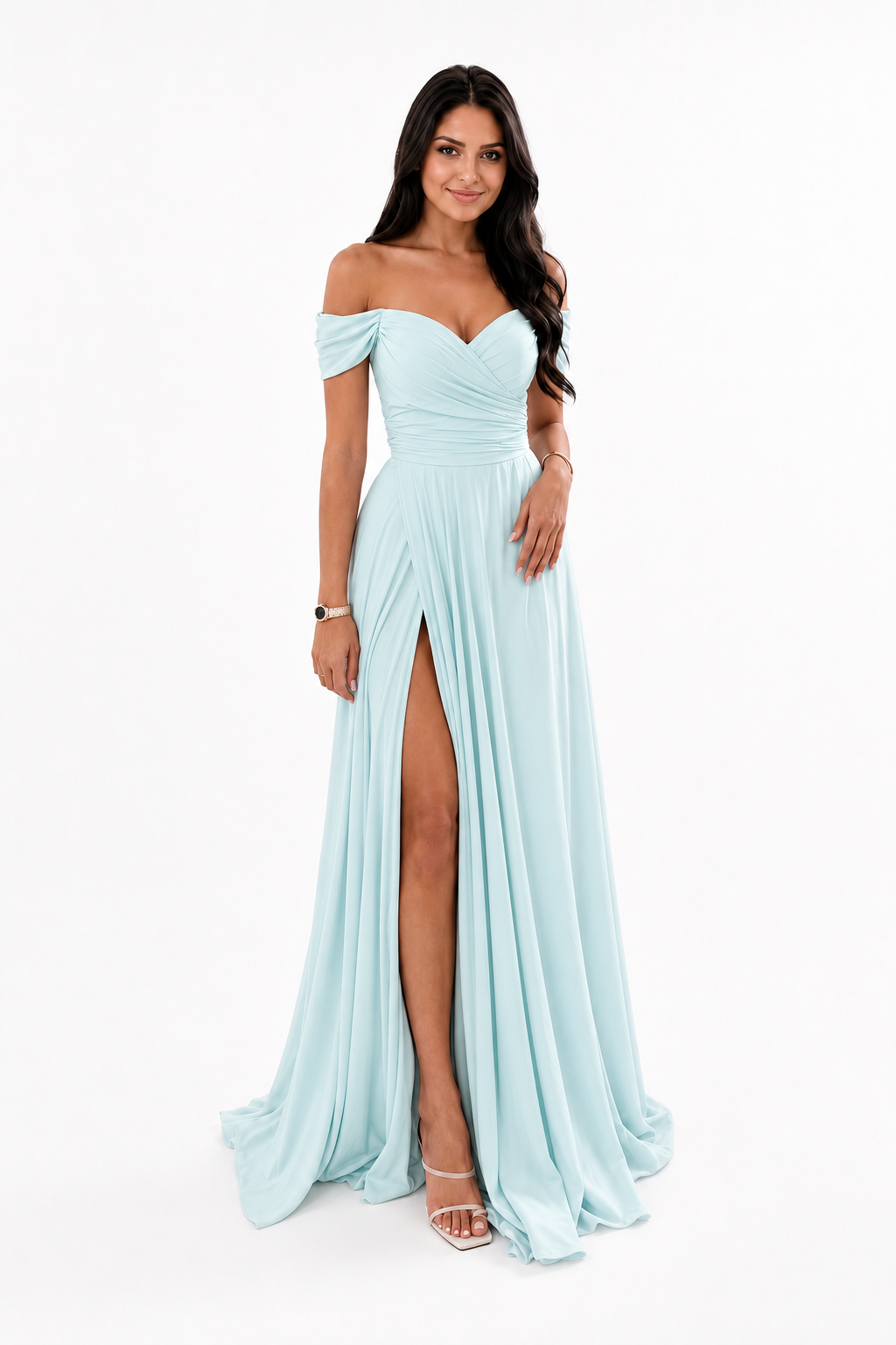 Off-Shoulder Ruched A-Line Evening Gown with Slit