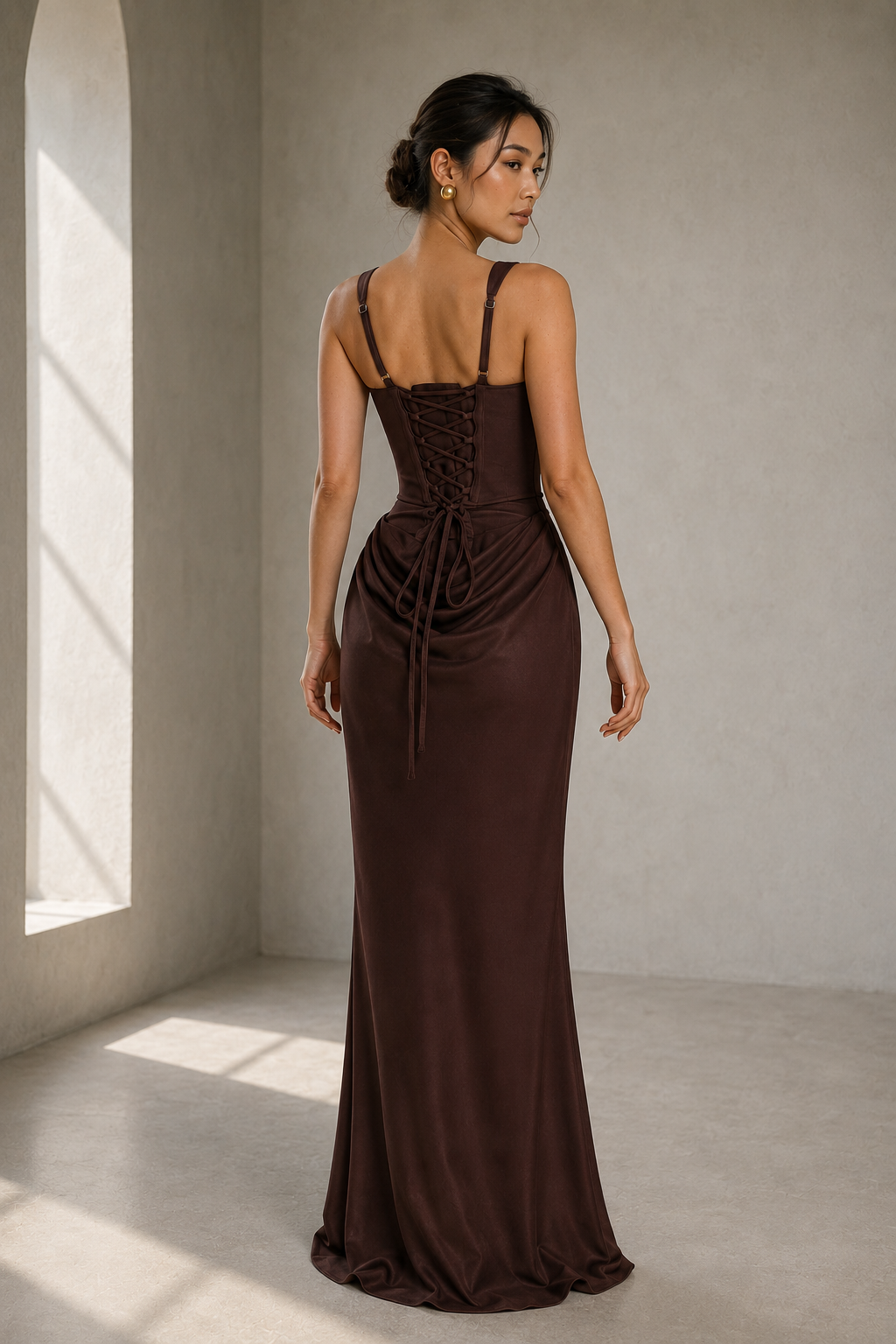Square Neck Ruched Column Evening Gown with Lace-Up Back