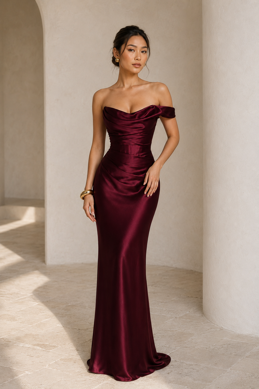 Draped Off-Shoulder Satin Column Gown