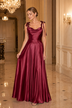 Tie-Strap Cowl-Neck A-Line Evening Gown