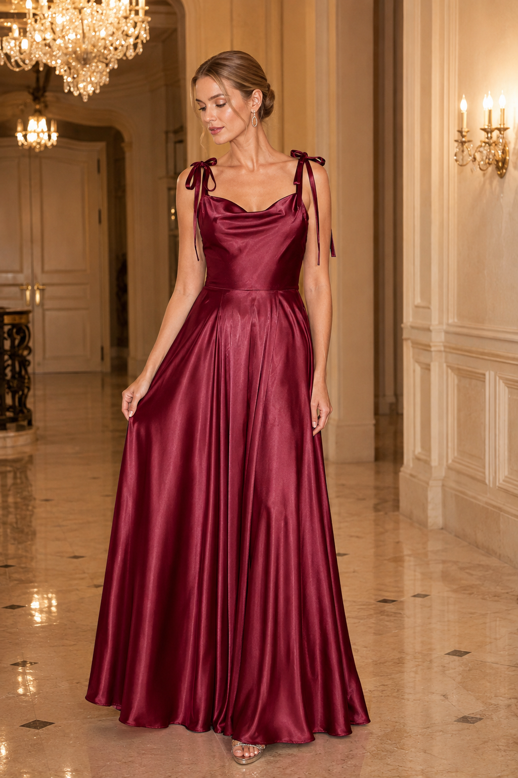 Tie-Strap Cowl-Neck A-Line Evening Gown