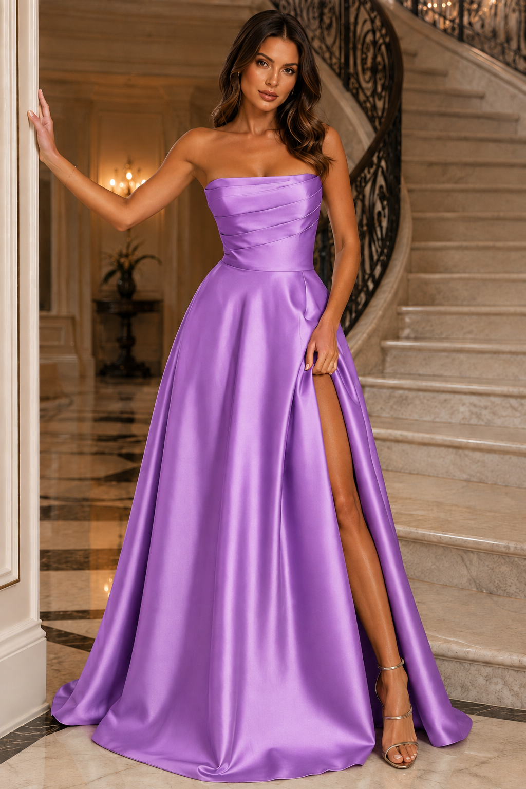 Strapless Ruched High-Slit A-Line Evening Gown