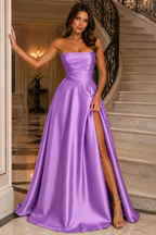 Strapless Ruched High-Slit A-Line Evening Gown