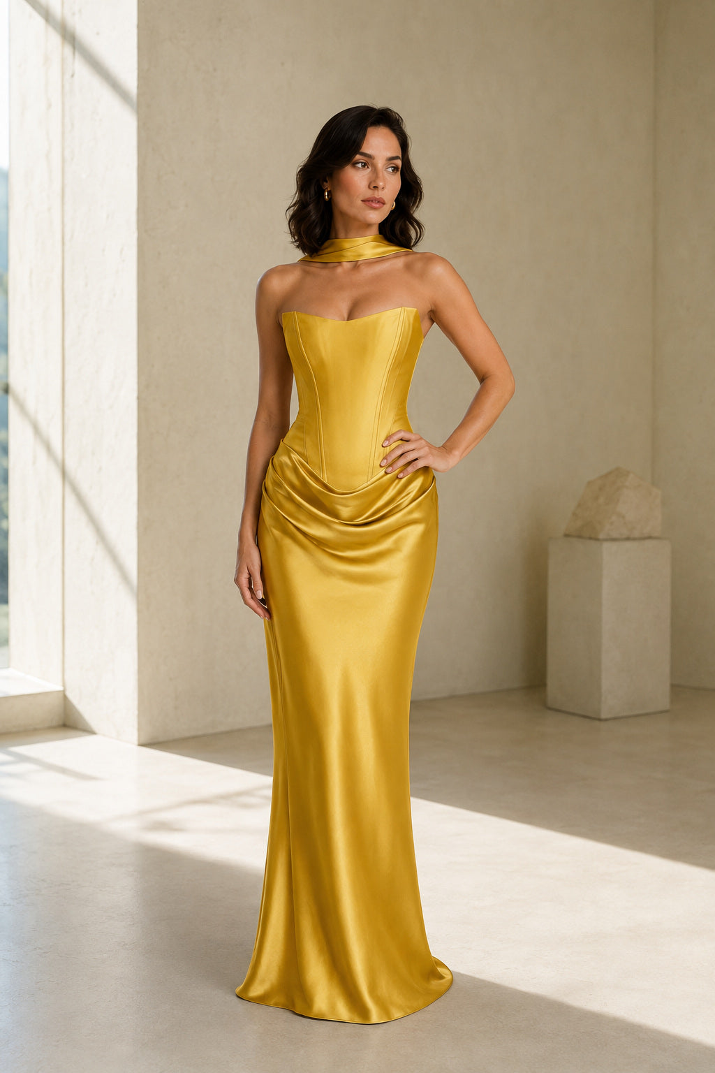 Strapless Draped Column Evening Gown