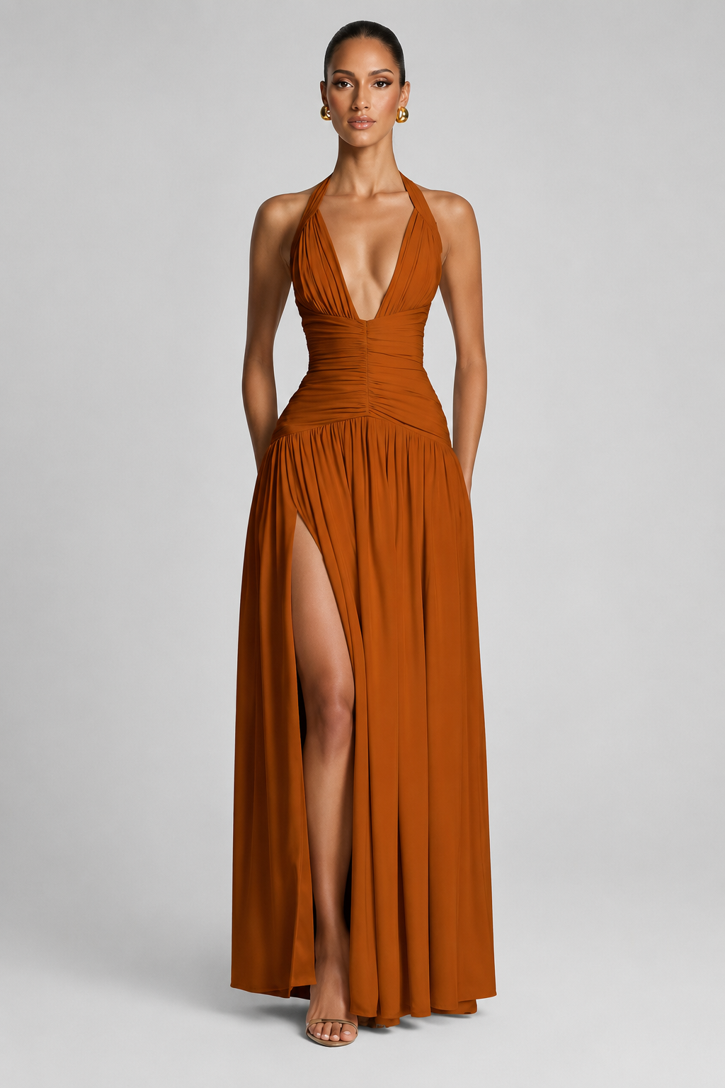 Deep-V Halter High-Slit A-Line Evening Gown