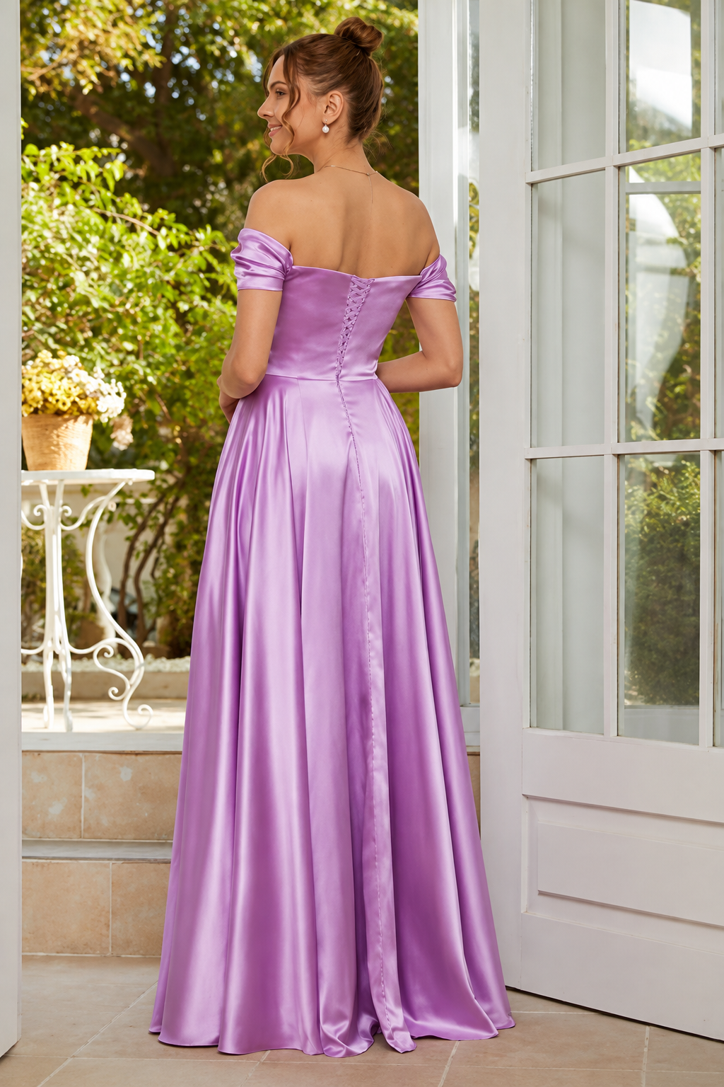 Off-Shoulder Ruched A-Line Evening Gown with Slit