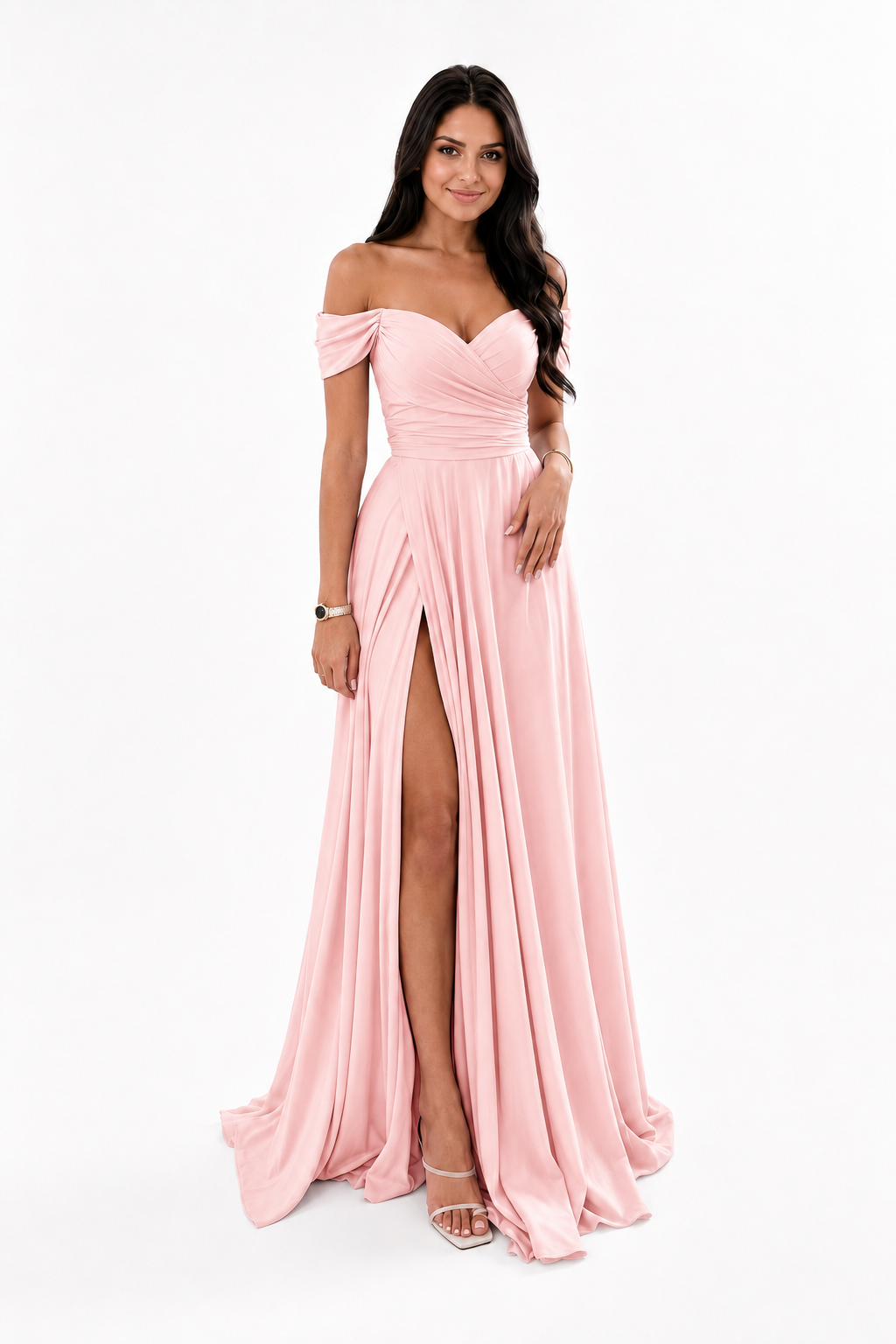 Off-Shoulder Ruched A-Line Evening Gown with Slit