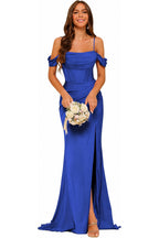 Draped Off-Shoulder A-Line Evening Gown with Side Slit
