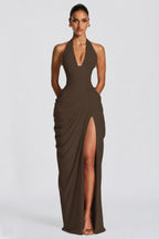 Deep V Halter Ruched High-Slit Evening Gown