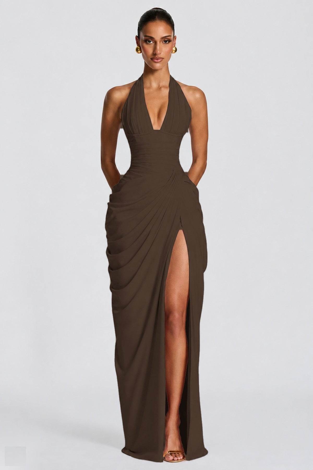 Deep V Halter Ruched High-Slit Evening Gown